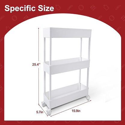 3 Tier Slim Storage Cart, Kitchen Mobile Shelving Unit Organizer, Rolling Cart with Lockable Wheels, Utility Cart for Tight Spaces on Kitchen Office Apartments Dormitory Bathroom, White - LeafyLoom