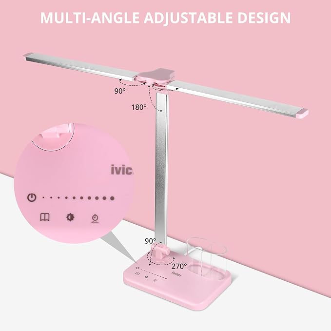 iVict LED Desk Lamp, Adjustable Table Foldable Lamp with USB Charging Port, 25 Lighting Modes, 45-Minute Auto Timer, Dual Swing Arm Desk Light with Pen Holde for Home Office/Study(Pink) - LeafyLoom