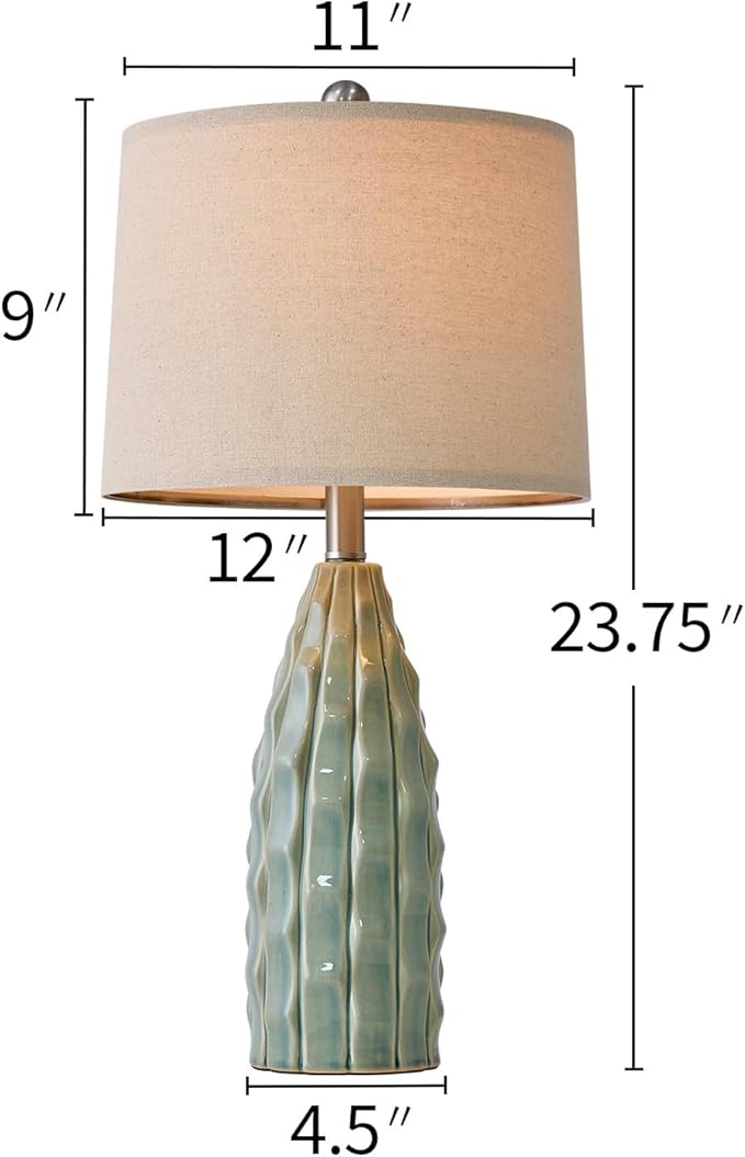 23.75" Modern Green Ceramic Lamps Set of 2 for Living Room Study Room Office Dorm Farmhouse Nightstand, End Table Lamps - LeafyLoom