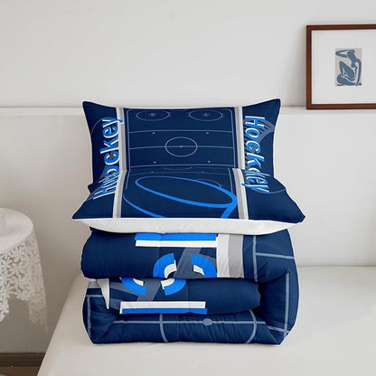 Feelyou Kids Hockey Player Comforter Set King Size Ice Hockey Bedding Set for Boys Girls Teens Bedroom Decor Ice Sports Games Comforter Puck Hockey Duvet Set with 2 Pillow Case - LeafyLoom