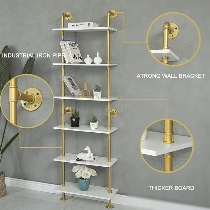 Industrial Gold Bookshelf-6 Tier Wall Mounted Ladder Bookshelf, Rustic Gold Storage Book Shelves Display Bookcases for Living Room/Home/Office - LeafyLoom