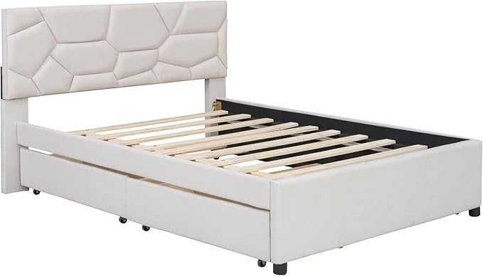 Full Size Linen Upholstered Platform Bed with Twin Size Trundle and 2 Drawers,Bedroom Bed Frame w/Brick Pattern Headboard,Wooden Slats Supproted,for Teens Kids Adults,Beige - LeafyLoom