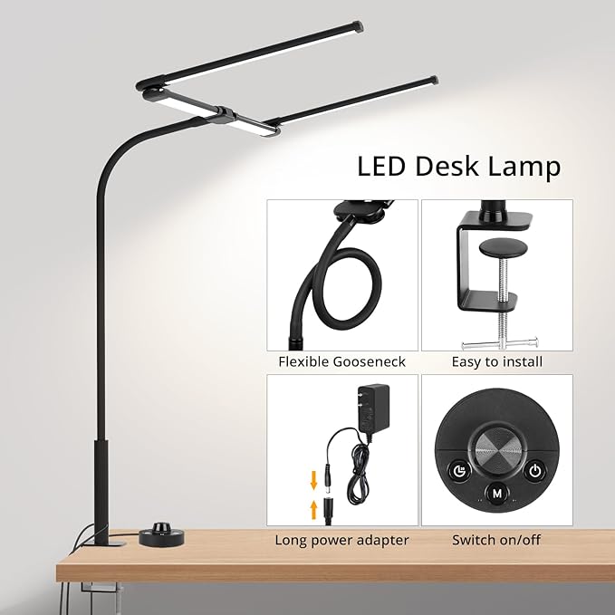 Desk Lamp for Office Home, 4 Heads, 24W Ultra Bright, 5 Colors 10 Bright Levels, Long Flexible Clamp Clip Light, Task Table Lamp with Adapter & Switch Controller, Black - LeafyLoom