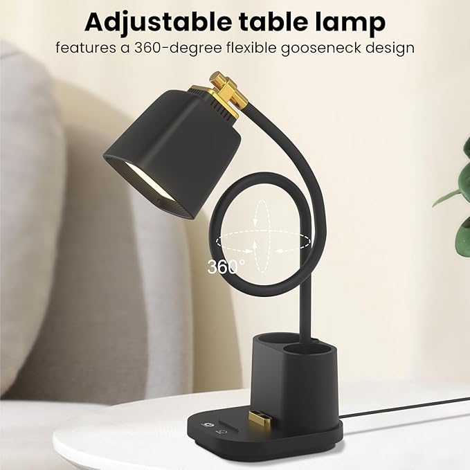 LED Desk Lamp with 2 USB Charging Port, 2 Pen Holders 3 Color Modes Dimmable Reading Light Desk Light, LED Small Desk Lamp Flexible Gooseneck Touch Table Lamp for Bedside Office Home, AC Adapter - LeafyLoom