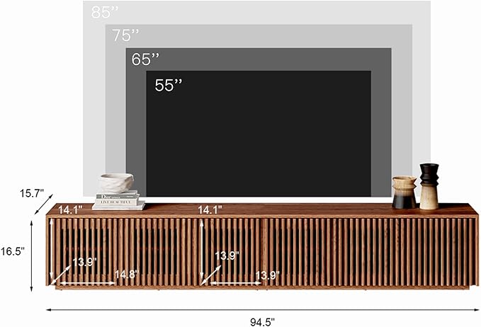 POVISON Mid Century Modern TV Stand, Solid Wood Media Console for 75+ inch TV, Full Assembled Farmhouse Entertainment Center with Storage for Living Room, Low Cabinet with Removable Shelves - LeafyLoom