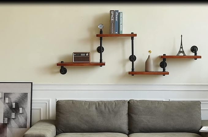 Industrial Rustic Modern Solid Wood Ladder Pipe Wall Mounted Floating Shelves – 4 Tiers Bookshelf,DIY Storage Shelving,Hung Bracket,Bookcases - LeafyLoom