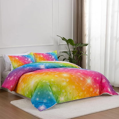 Holawakaka Girls Ombre Glitter Comforter Set, Twin Size Gradient Rainbow Galaxy Print Kids Bedding Sets, Multi-Color Ultra-Soft Dorm Bed Set (Multi-color,Twin) - LeafyLoom