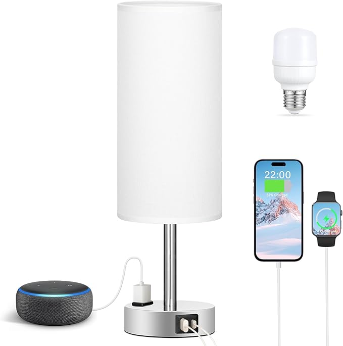 White Touch Bedroom Table Lamp - 3 Way Dimmable Bedside Lamp USB C A Charging Ports and AC Outlet, Small Lamp Nightstand with Silver Base for Living Room, Office Desk, LED Bulb Included - LeafyLoom