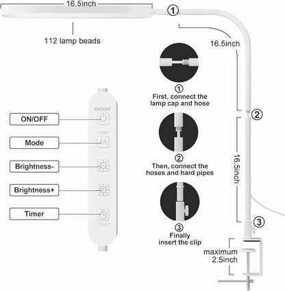 SKYLEO Desk Lamp - 33.5" Desk Light - Flexible Gooseneck - 5 Color Modes X 11 Brightness Levels - 1300LM - Timmer & Memory Function - 12W Clip on Light - White - LeafyLoom