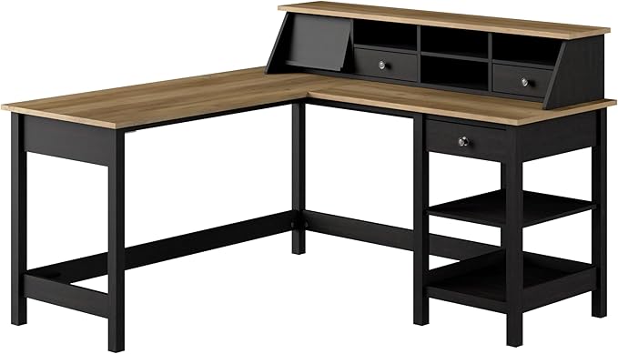 Bush Furniture Mayfield 60W L Shaped Computer Desk with Storage and Desktop Organizer in Vintage Black and Reclaimed Pine | Storage for Home Office Workspace - LeafyLoom