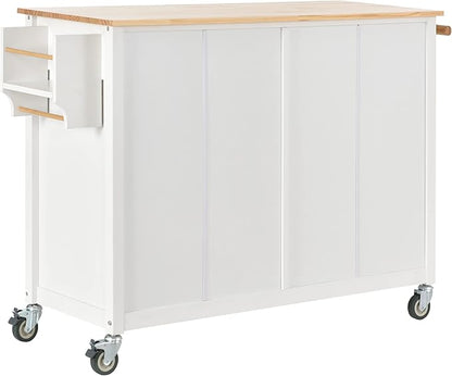 54" W Kitchen Cart on Locking Wheels with Spice Rack, Towel Rack & Wood Top Desktop, Rolling Moveable Kitchen-Island Table with Storage and Side Rack, for Dinning Room - LeafyLoom