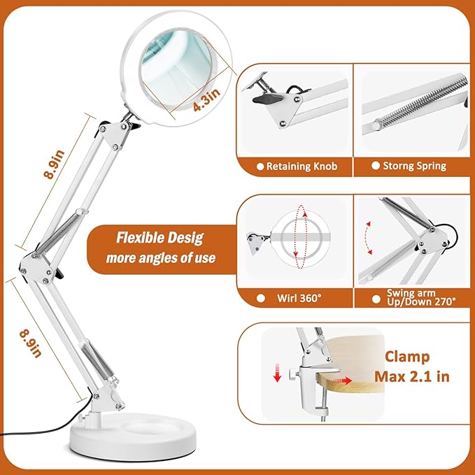 Veemagni 10X Magnifying Glass with Light, 5 Color Modes Stepless Dimmable 2-in-1 Desk Lamp and Clamp, LED Lighted Magnifier with Light and Stand, Hands Free for Craft Hobby Painting Close Work - White - LeafyLoom