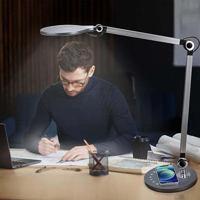 Desk Lamp,Led Architect Desk Lamp,Desk Lamps for Home Office,Table lamp with Wireless Charger & Adjustable Swing Arm,Touch Control, 3 Lighting Mode,5 Brightness,Eye-Caring Office Lamp - LeafyLoom