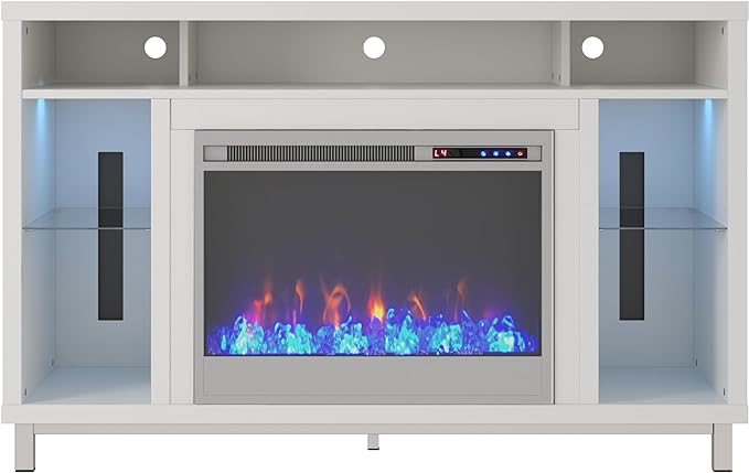 Ameriwood Home Lumina Fireplace TV Stand for TVs up to 48 Inch, Replaceable Electric Fireplace Insert Heater, Remote Control, Timer, Color Changing LED Lights, Crystal Ember Flames, White - LeafyLoom