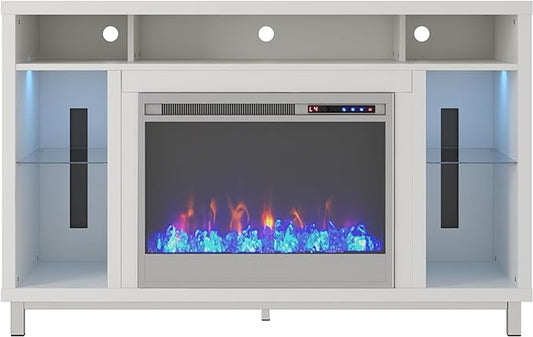 Ameriwood Home Lumina Fireplace TV Stand for TVs up to 48 Inch, Replaceable Electric Fireplace Insert Heater, Remote Control, Timer, Color Changing LED Lights, Crystal Ember Flames, White - LeafyLoom