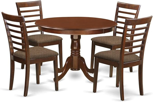 East West Furniture HLML5-MAH-C 5 Piece Dining Table Set for 4 Includes a Round Kitchen Table with Pedestal and 4 Linen Fabric Dining Room Chairs, 42x42 Inch, Mahogany - LeafyLoom