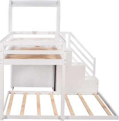 Stairway Twin over Full House Bunk Bed with Storage Shelves & Roof Design,Wooden Bunkbeds wtih Safety Guardrails for Kids/Teen/Adults Bedroom,Space Saving, White - LeafyLoom