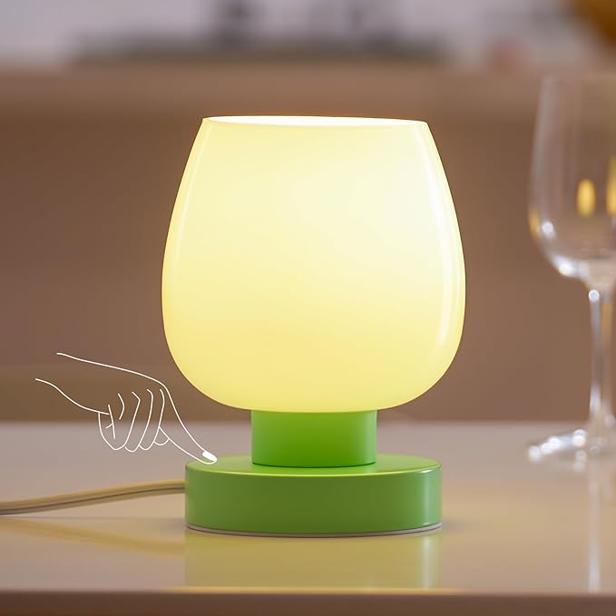 Touch Bedside Table Lamp - Modern Small Lamp for Bedroom Living Room Nightstand, Desk lamp with White Opal Glass Lamp Shade, Warm LED Bulb Included, 3 Way Dimmable, Simple Design Green - LeafyLoom