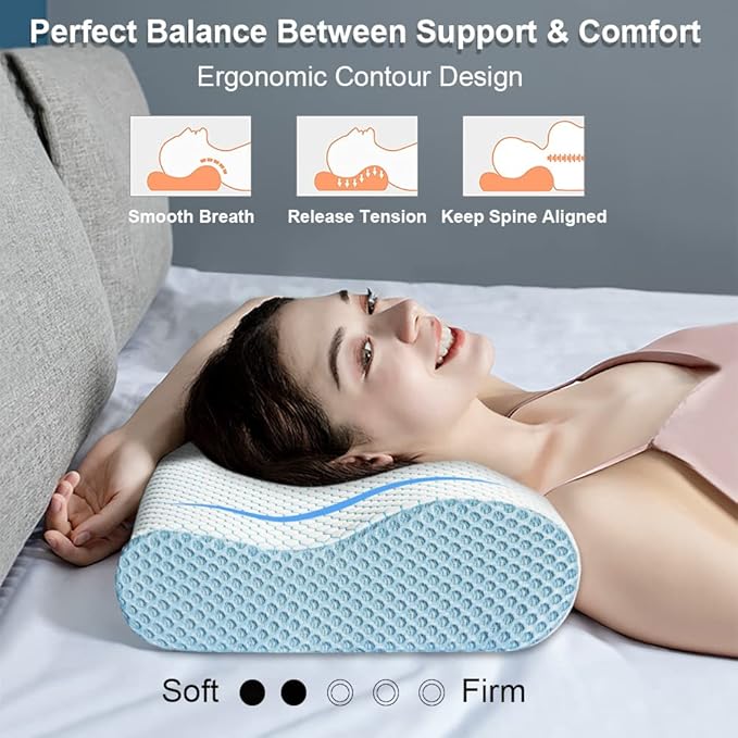 Anvo Memory Foam Pillow, Neck Contour Cervical Orthopedic Pillow for Sleeping Side Back Stomach Sleeper, Ergonomic Bed Pillow for Neck Pain - Blue White, Soft - LeafyLoom