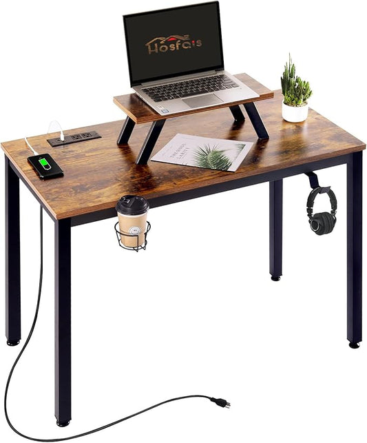 Computer Desk with Power Strip and Monitor Stand, 40" Desk for Home Office Small Space, Small Writing Desk Study Table Workstation with Cup Holder Headphone Hook, Easy Assembly - LeafyLoom