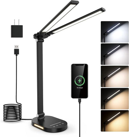 Double Head LED Desk Lamp with USB Charging - 5 Color Modes, Memory Function - Ideal for Home Office Desk Lamp, Multi-Angle Adjustable and Foldable Design Table Lamp- Black - LeafyLoom