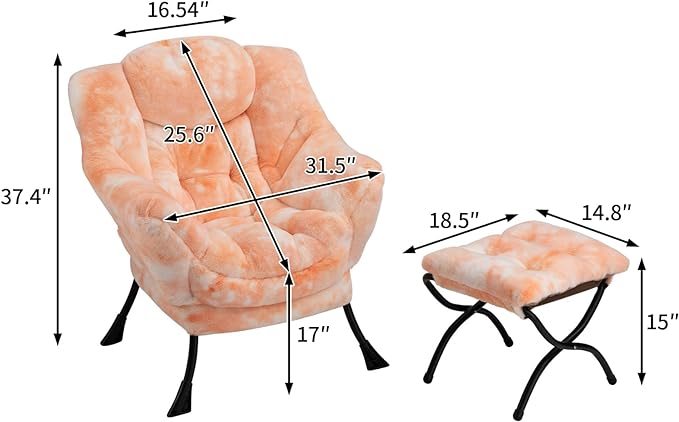 HollyHOME Faux-Fur Lazy Chair with Foldable Ottoman, Accent Comfy Lounge Arm Chair and Folding Footrest Stool Set, Leisure Sofa Reading Chair and Footstool for Living Room, Bedroom, Orange&White - LeafyLoom