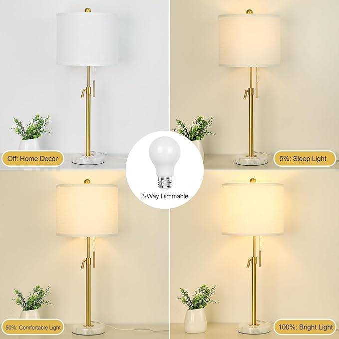 Lamp Modern Set of 2: 22" to 30" Height Adjustable Pull Chain Switch for Living Room Bedroom End Table, Marble Base White Linen Shade Golden Pole Nightstand Lamp Brass for Office, Bedside Table - LeafyLoom