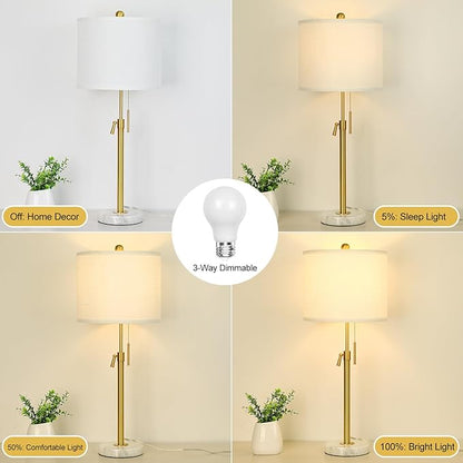 Lamp Modern Set of 2: 22" to 30" Height Adjustable Pull Chain Switch for Living Room Bedroom End Table, Marble Base White Linen Shade Golden Pole Nightstand Lamp Brass for Office, Bedside Table - LeafyLoom