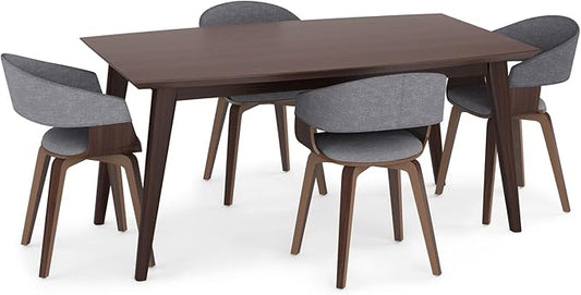 SIMPLIHOME Lowell / Draper Mid Century Modern 5 Pc Dining Set with 4 Upholstered Bentwood Dining Chairs in Grey Linen Look Fabric and 66 inch Wide Table for the Dining Room and Kitchen - LeafyLoom