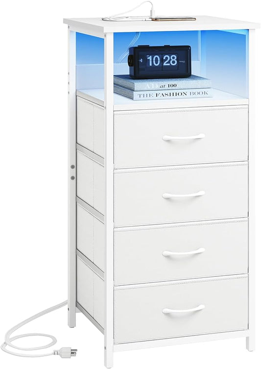 Fixwal Dresser for Bedroom, LED Tall Nightstand with Charging Station Night Stand with USB Ports and Outlets, 4 Fabric Storage Drawers with PU Finish, Bed Side Table, White - LeafyLoom