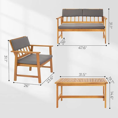 VINGLI Outdoor Patio Furniture, 4 Piece Acacia Wood Sofa Set w/Coffee Table, Patio Table and Chairs Set for Deck, Balcony, Backyard (Natural) - LeafyLoom