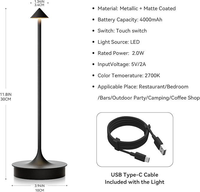 Set of 2 Cordless Table Lamp Rechargeable, Battery Operated Desk Lamp, 4000mAh LED Touch Lamp, Dimmable Portable Outdoor Waterproof Wireless Table Light for Restaurants/Bars/Outdoor(Black) - LeafyLoom