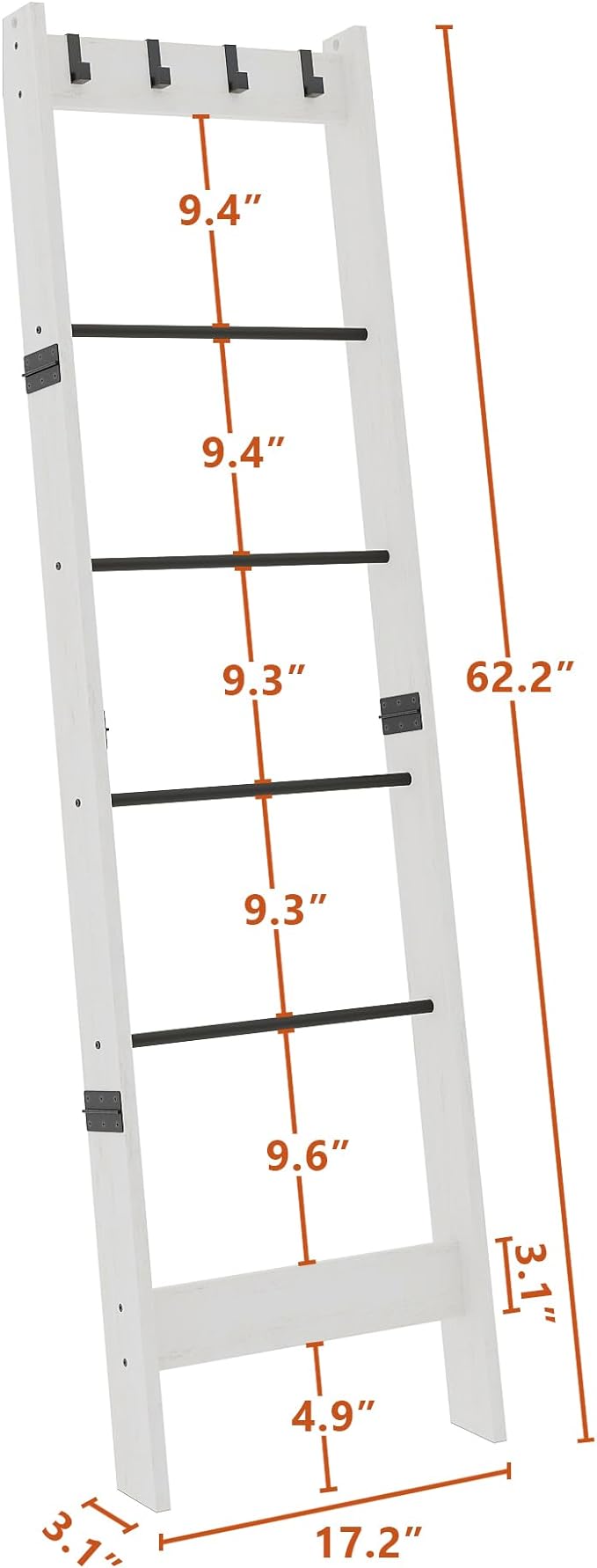 6 Tier Blanket Ladder Shelf for Living Room and Bedroom, Ladder Holder with 4 Metal Hooks, 5.2ft Blanket Quilt Holder Rack, Farmhouse Ladder Rack for Storage and Home Decor, White - LeafyLoom