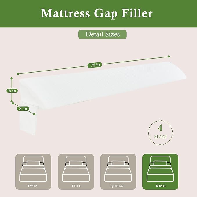 Bed Wedge Pillow for Headboard, Bed Gap Filler King of Headboard Pillow, Mattress Gap Filler Made with Triangle Pillow to Close The Gap (0-8") Between Headboard/Wall and Mattress (White, 76"x8"x 6") - LeafyLoom