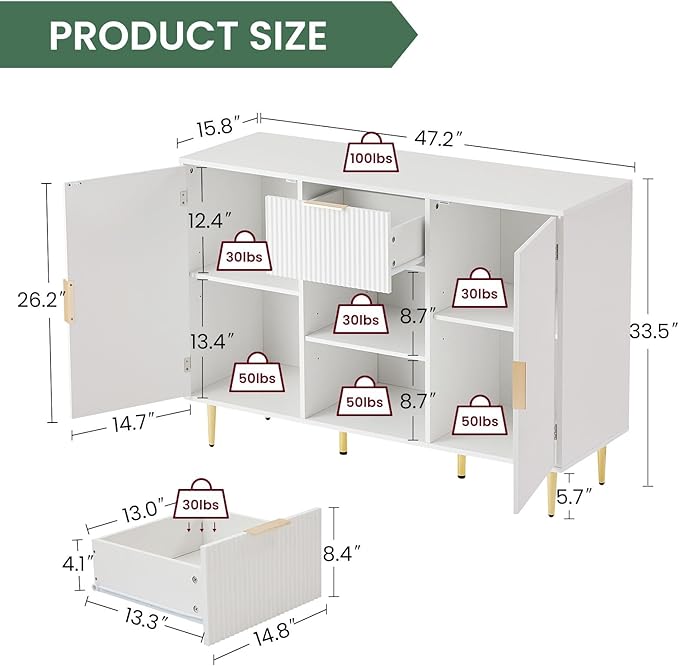 Storage Cabinet, Modern Accent Buffet Cabinet, FreeStanding Sideboard and Buffet Storage, Adjustable Shelves with 2 Doors Drawer for Bedroom, Living Room, Kitchen or Hallway,White - LeafyLoom