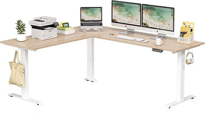 FEZIBO 75 Inches Triple Motor L Shaped Standing Desk Reversible, Electric Height Adjustable Corner Stand up Desk, Sit Stand Desk Computer Workstation, White Frame/Light Walnut Top - LeafyLoom