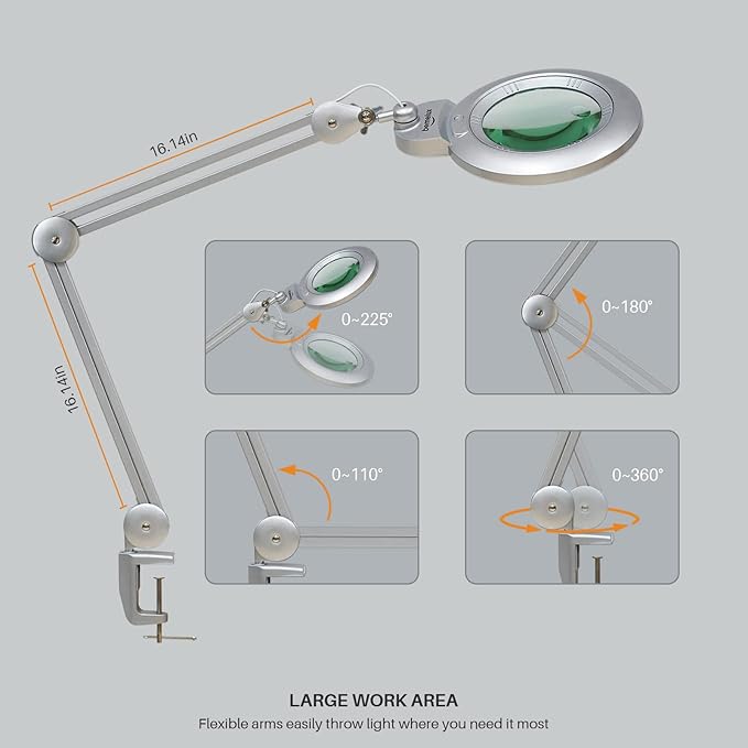 Bifocals Magnifying Desk Lamp with Clamp, 5 Diopter with 20 Diopter, 6 Inch Detachable Lens and 120PCS LEDs, 3 Color Modes 1200 Lumens Swivel Arm Magnifying Lamp with Light for Crafts - LeafyLoom