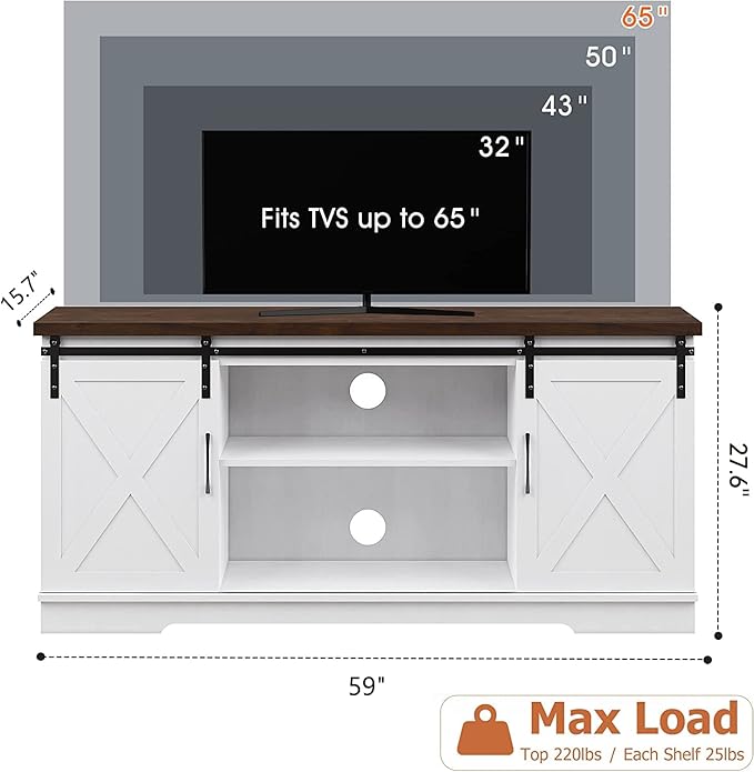 IDEALHOUSE Farmhouse TV Stand for 65 Inch TV Entertainment Center TV Media Console Table, Barn Door TV Stand with Storage and Shelves, Tall Modern TV Console Table Furniture for Living Room (White) - LeafyLoom