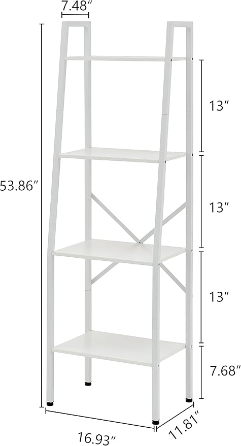 Hoctieon Ladder Shelf Bookcase, 4-Tier Ladder Bookshelf, Tall Bookshelf with Metal Frame, Industrial Bookshelf Ladder, for Living Room, Kitchen, Home Office, Bedroom, Simple Assembly, White - LeafyLoom