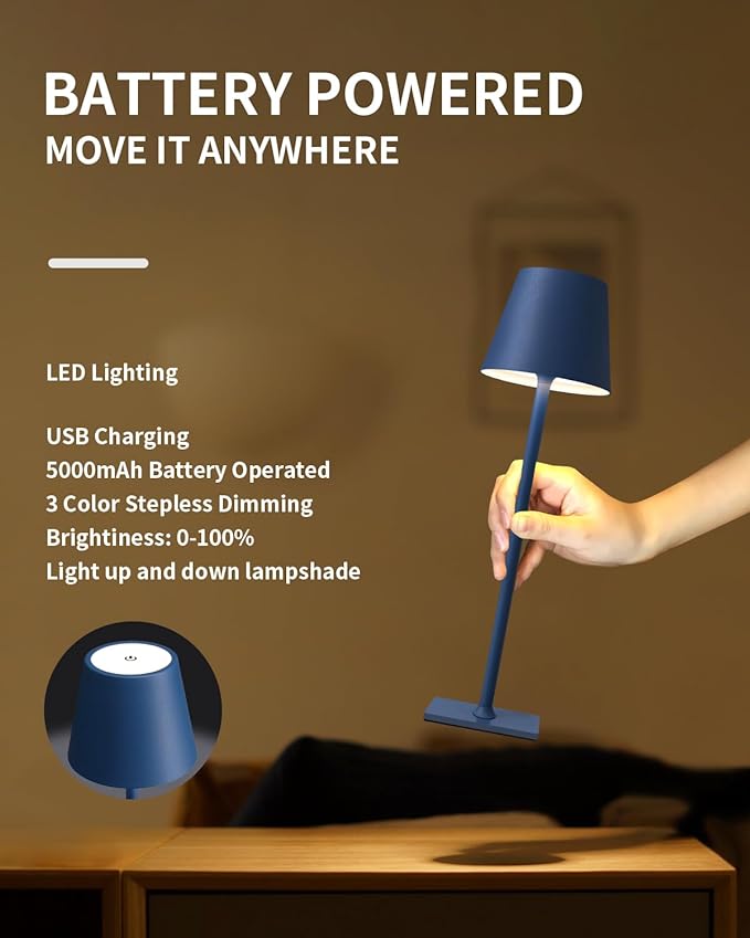 KDG 2 Pack Cordless Table Lamp,Portable LED Desk Lamp, 5000mAh Battery Operated, 3 Color Stepless Dimming Up, for Restaurant/Bedroom/Bars/Outdoor Party/Camping/Coffee Shop Night Light(Blue) - LeafyLoom