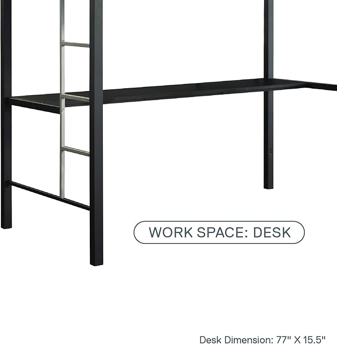 DHP Screen Loft Metal Bunk Bed with Desk and Ladder, Space-Saving Design, Silver Twin - LeafyLoom