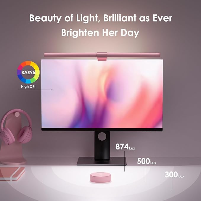 Quntis Pink Monitor Light Bar with Remote, Eye-Care No Glare, Space Saving Computer Desk Lamp As Gifts for Girls, Stepless Dimming, Modern Aesthetic Desk Light Bar for Home Office Gaming Reading - LeafyLoom