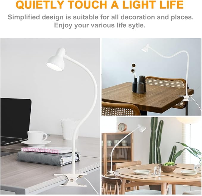 Clip on Lamp USB Reading Light, 3 Color Modes, 10 Brightness Dimmable, Flexible Gooseneck Desk Lamp with Clamp, Eye Care Clip on Light for Bed Desk Headboard Home Dorm(White) - LeafyLoom