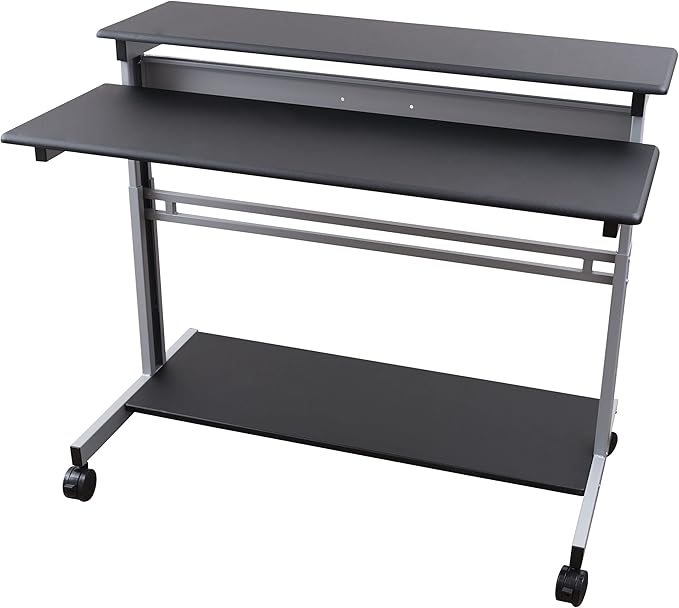 Stand Up Desk Store Rolling Adjustable Height Two Tier Standing Desk Computer Workstation (Silver Frame/Black Top, 48" Wide) - LeafyLoom