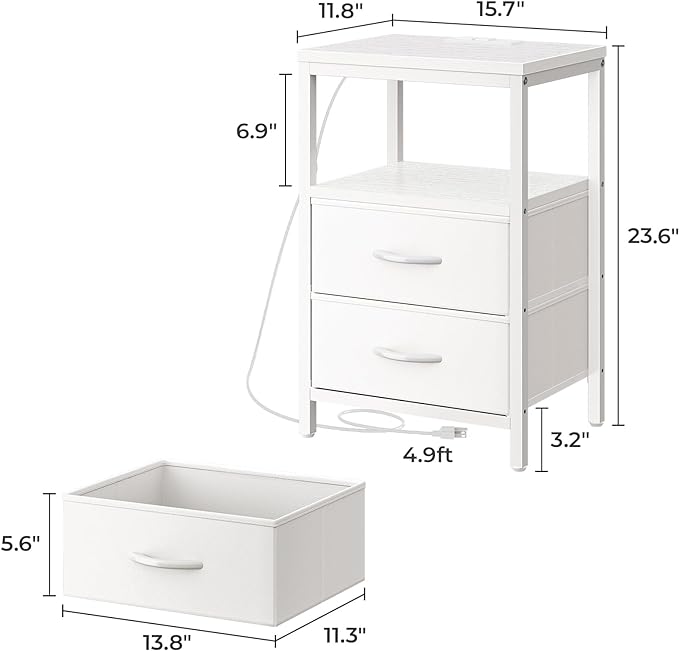 Nightstands Set of 2, End Tables with Charging Station, Side Tables with Fabric Drawers, Bedside Tables with USB Ports and Outlets, Night Stands for Bedroom, White - LeafyLoom