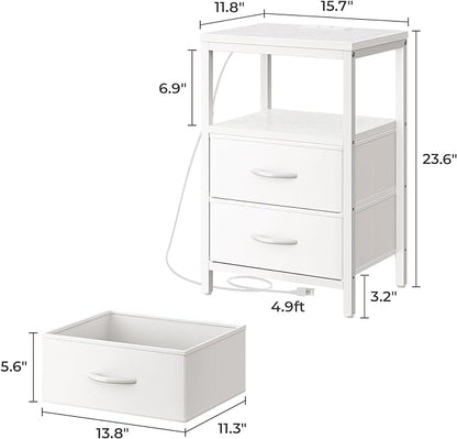 Nightstands Set of 2, End Tables with Charging Station, Side Tables with Fabric Drawers, Bedside Tables with USB Ports and Outlets, Night Stands for Bedroom, White - LeafyLoom