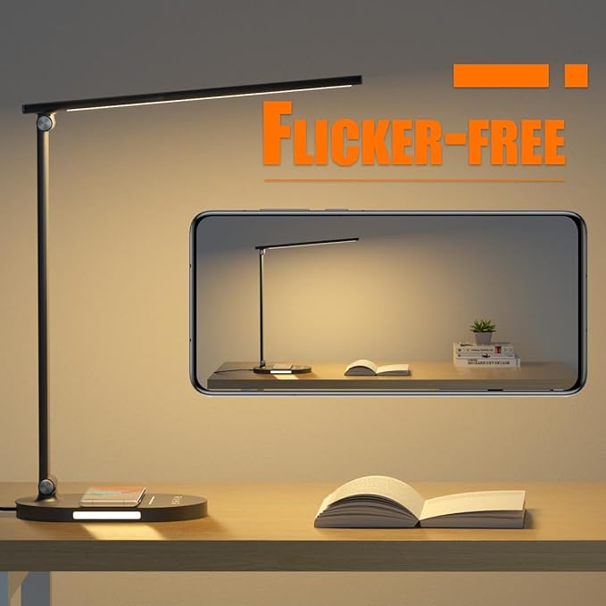 Clearance LED Desk Lamp with Wireless Charger for Home Office, Table Lamp with 2 Night Light for Bedroom, with USB Charging Port, 60min Timer AUTO-OFF, 5 Modes Dimmable Office Lamp, Adjustable, Black - LeafyLoom