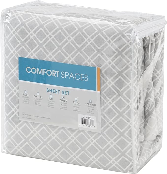 Comfort Spaces Cotton Flannel Breathable Warm Deep Pocket Sheets with Pillow Case Bedding, Full, Grey Geo 4 Piece - LeafyLoom