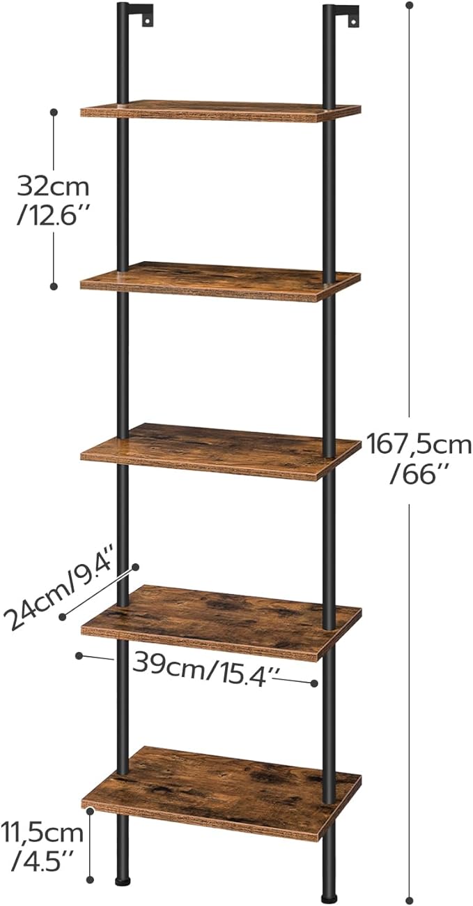 HOOBRO DIY Ladder Shelf, 5-Tier Wooden Wall Mounted Bookshelf, Narrow Bookcase, Display Shelf, Storage Rack, Plant Stand, for Living Room, Bedroom, Study, Balcony, Rustic Brown and Black BF531CJ01 - LeafyLoom