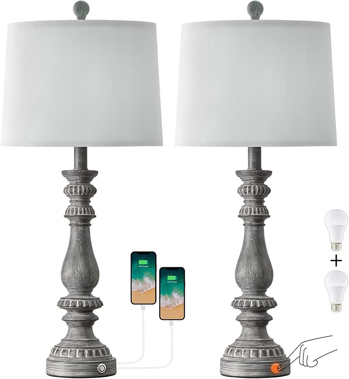 BOBOMOMO 27" Rustic 3-Way Dimmable Touch Table Lamps for Bedroom Farmhouse Lamp Set of 2 with 2 USB Charging Ports for Living Room Vintage Rustic Traditional Nightstand Lamp (2 Bulbs Included) - LeafyLoom